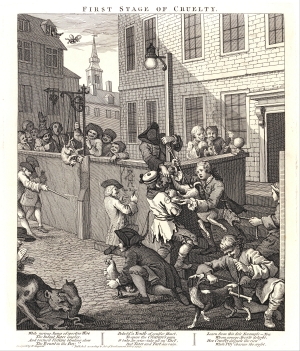 Πρώτο στάδιο της ωμότητας. Χαρακτικό του William Hogarth που δείχνει παιδιά να βασανίζουν ζώα, 1751.