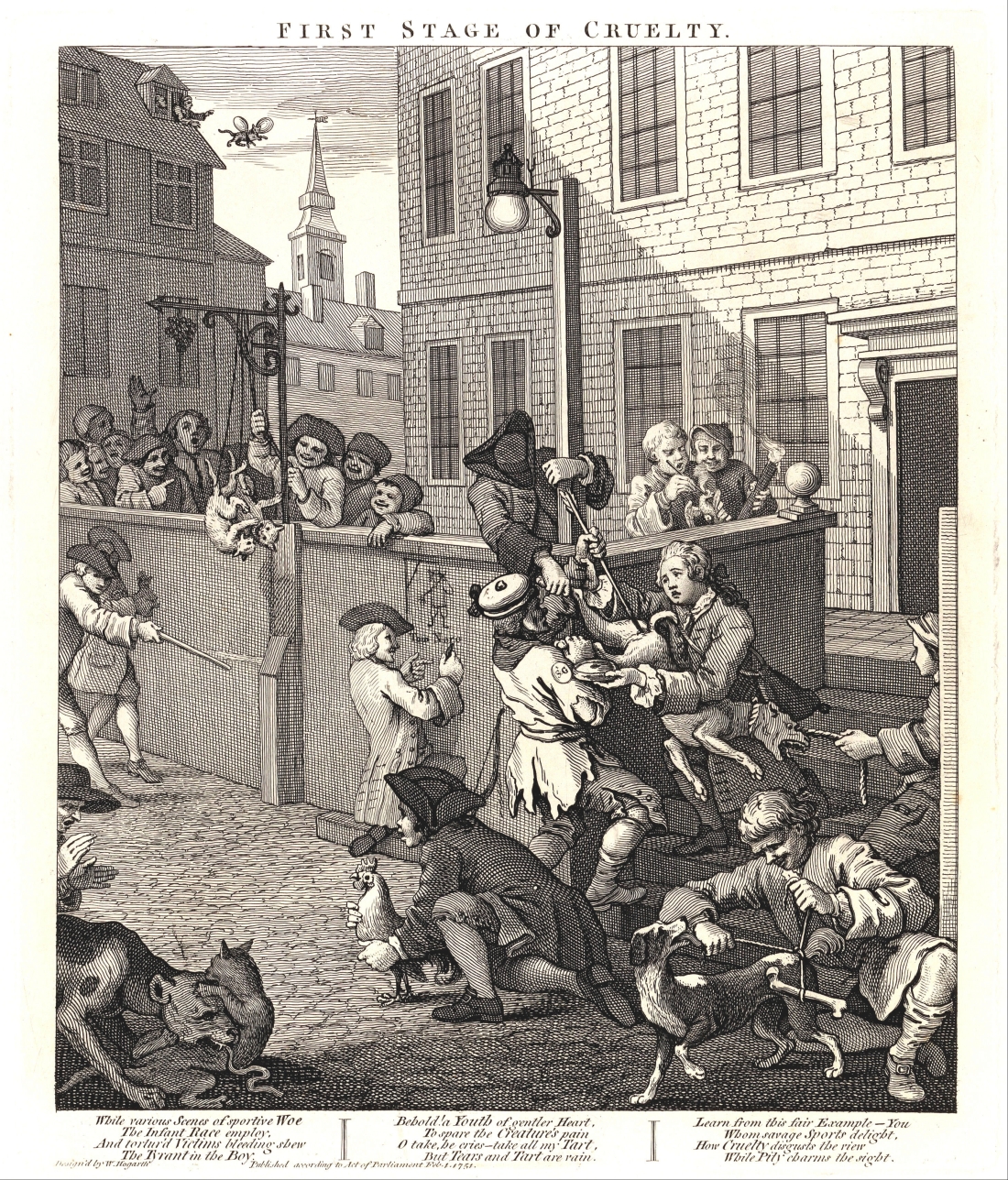 Πρώτο στάδιο της ωμότητας. Χαρακτικό του William Hogarth που δείχνει παιδιά να βασανίζουν ζώα, 1751.