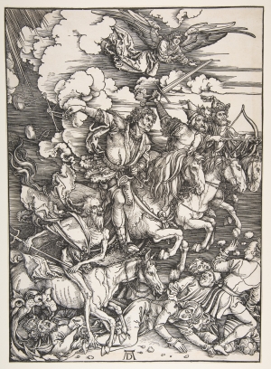 Albrecht Durer (1471 - 1528), &Omicron;&iota; &tau;έ&sigma;&sigma;&epsilon;&rho;&iota;&sigmaf; &iota;&pi;&pi;ό&tau;&epsilon;&sigmaf; &alpha;&pi;ό &tau;&eta;&nu; &Alpha;&pi;&omicron;&kappa;ά&lambda;&upsilon;&psi;&eta; &tau;&omicron;&upsilon; &Iota;&omega;ά&nu;&nu;&eta;, 5&omicron; &phi;ύ&lambda;&lambda;&omicron;, 1498. &Xi;&upsilon;&lambda;&omicron;&gamma;&rho;&alpha;&phi;ί&alpha; &sigma;&epsilon; &chi;&alpha;&rho;&tau;ί, 39,8 x 28,4 &epsilon;&kappa;. 