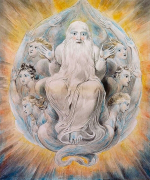 William Blake, &Omicron; &Theta;&epsilon;ό&sigmaf; &epsilon;&upsilon;&lambda;&omicron;&gamma;&epsilon;ί &tau;&eta;&nu; έ&beta;&delta;&omicron;&mu;&eta; &mu;έ&rho;&alpha;, 1805, &alpha;&kappa;&omicron;&upsilon;&alpha;&rho;έ&lambda;&alpha;.  